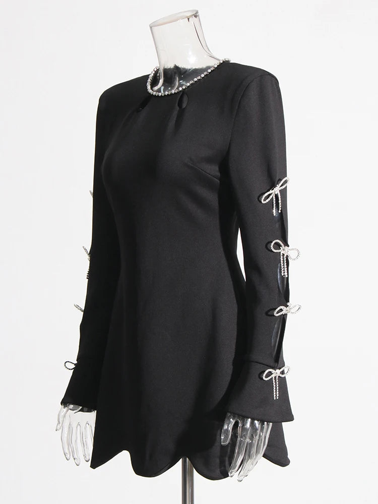 Zalia Atelier | Black Mini Dress Long Sleeves Rhinestone Trims and Cutouts