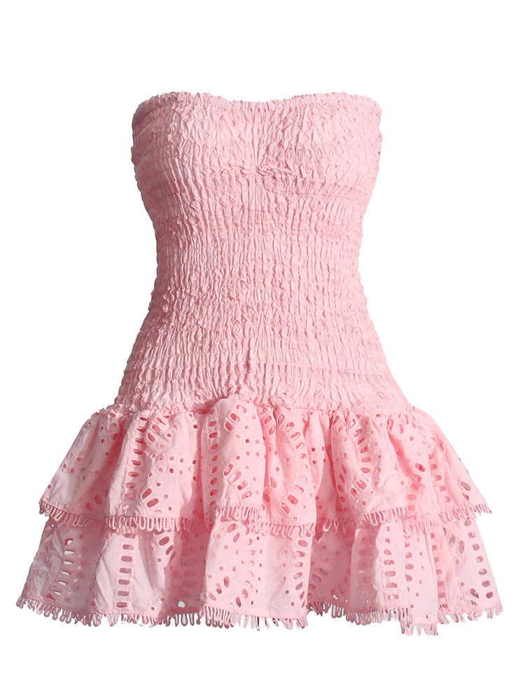 Pink Strapless Mini Dress Embroidery Eyelet Trim Stretchy Charo Ruiz Ibiza Dupe