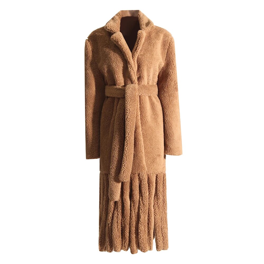 Camel color teddy coat with fringe detail