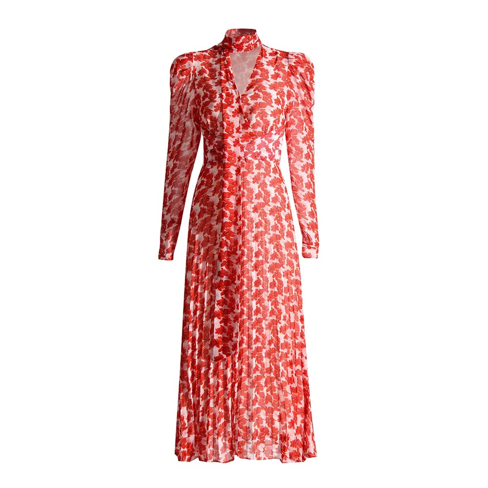 Long Sleeve Maxi Dress with Red Floral Print Pattern | Zalia Atelier