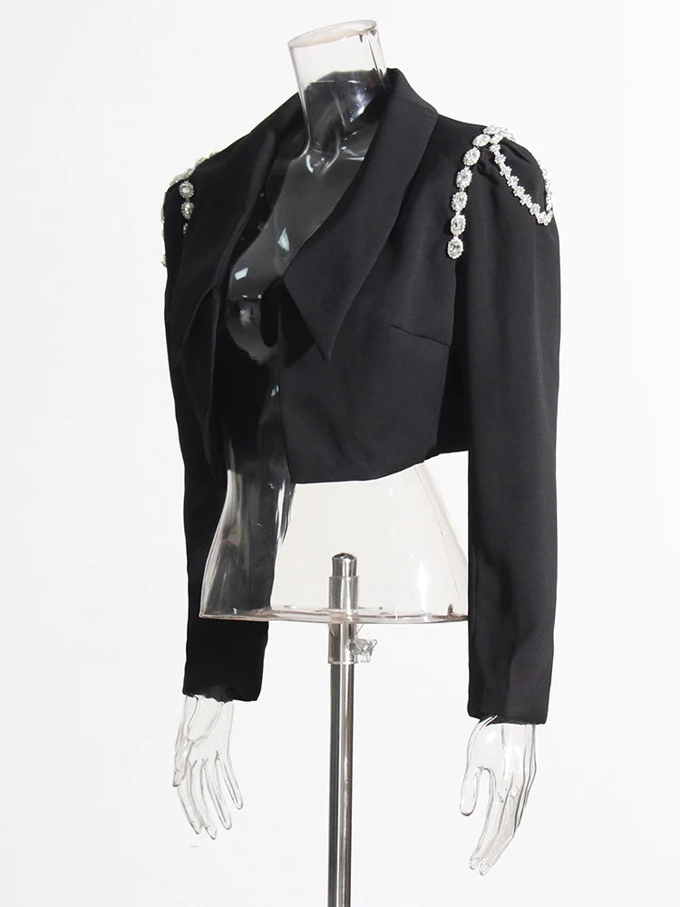 Black cropped blazer with big rhinestones on shoulders