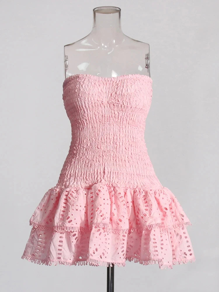 Pink Strapless Mini Dress Embroidery Eyelet Trim Stretchy Charo Ruiz Ibiza Dupe