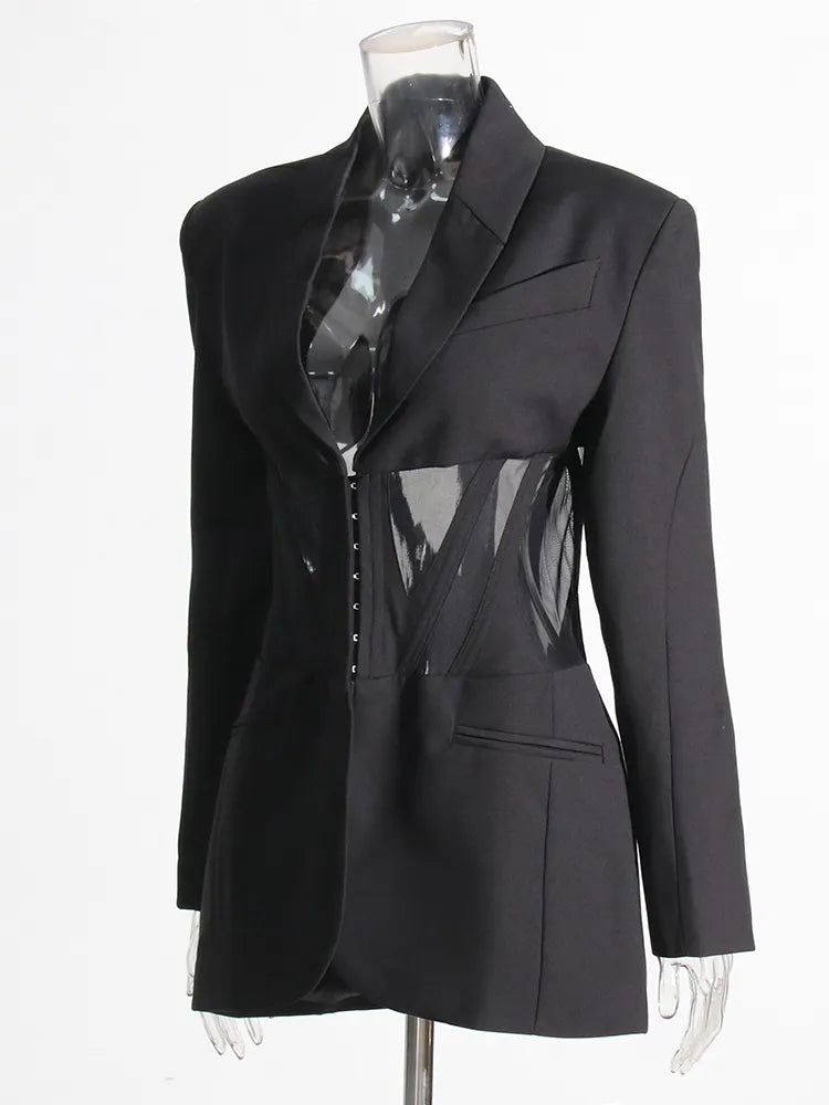 Black blazer single breasted mesh waist detail