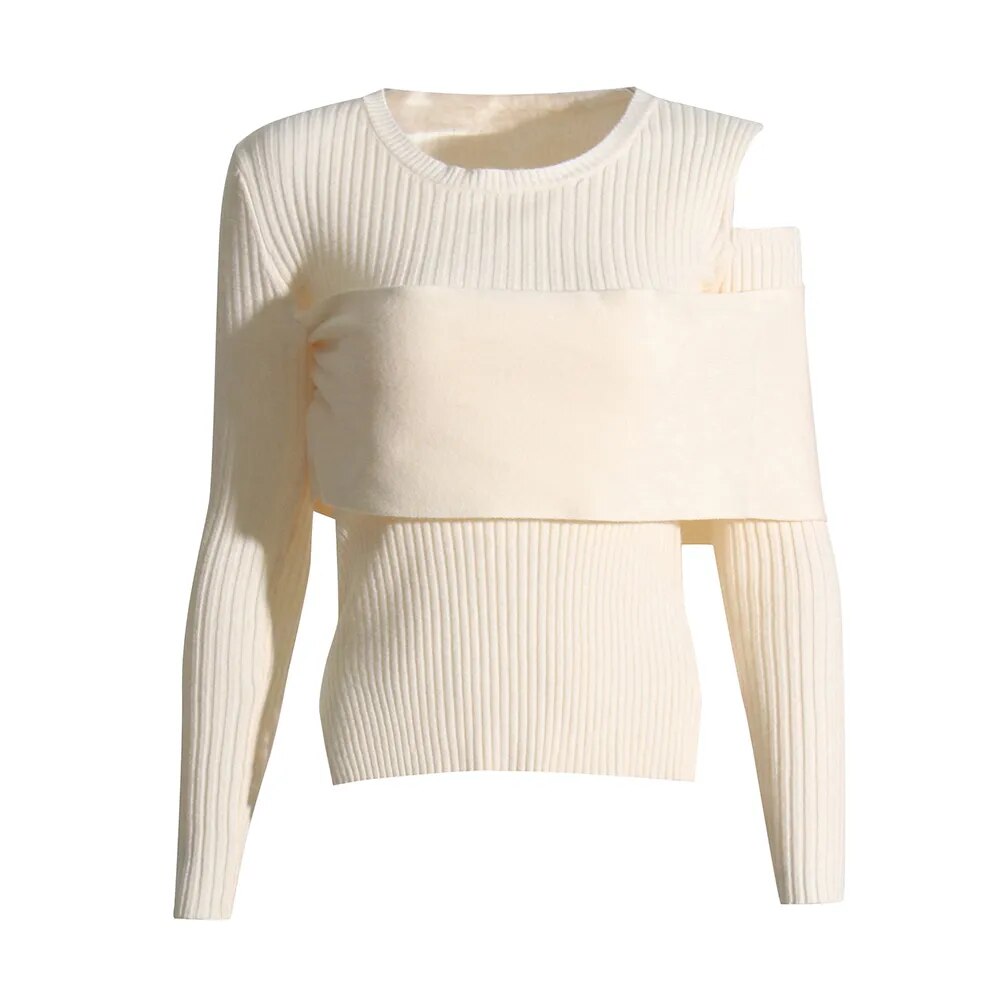 white knit top long sleeve shoulder cut out