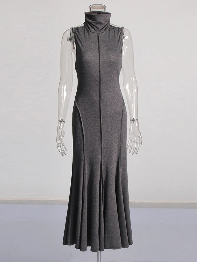 Zalia Atelier | Grey Maxi Dress | High Collar, Sleeveless, Backless | Drop Waist | Khaite Romee Dupe Dress