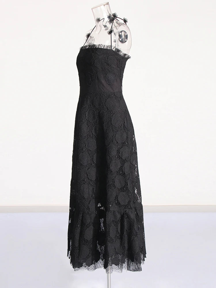 Zalia Atelier | Black Halter Dress Embroidered Lace