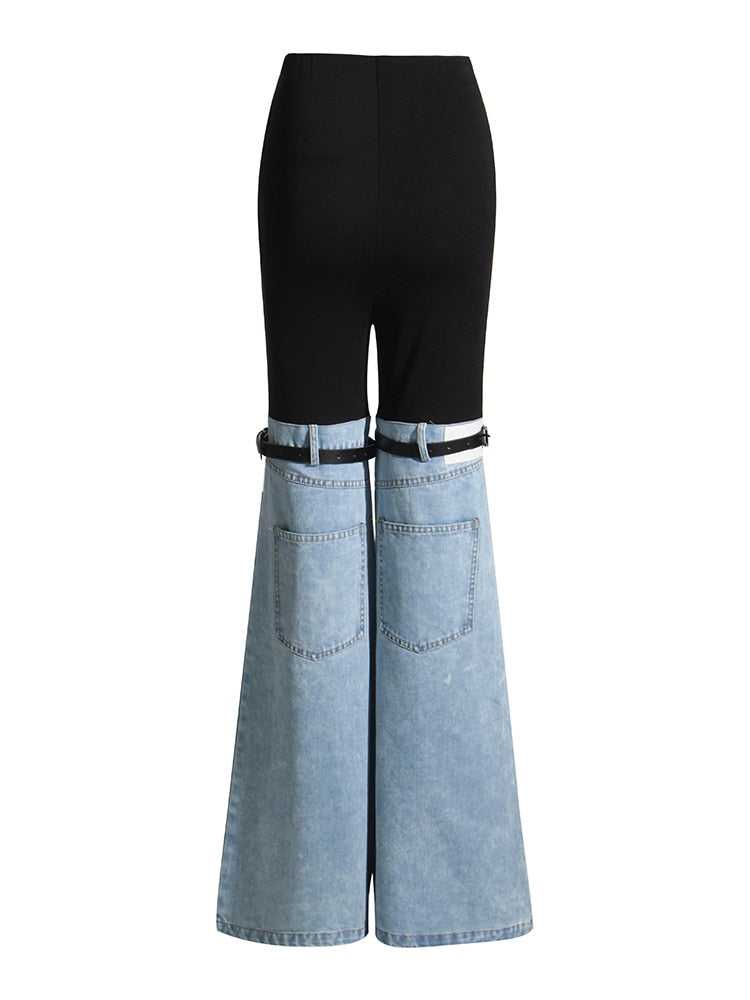 Patchwork Blue Denim Pants with Pocket and Belt Details | Zalia Atelier