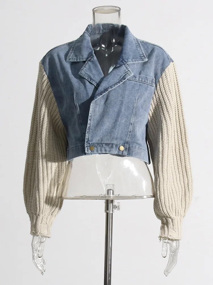 Blue Denim Jacket with Beige Knit Sleeves