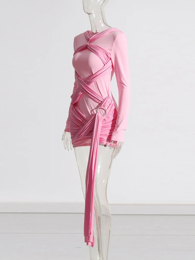 Zalia Atelier | Pink Long Sleeve Mini Dress with Bandage Detail