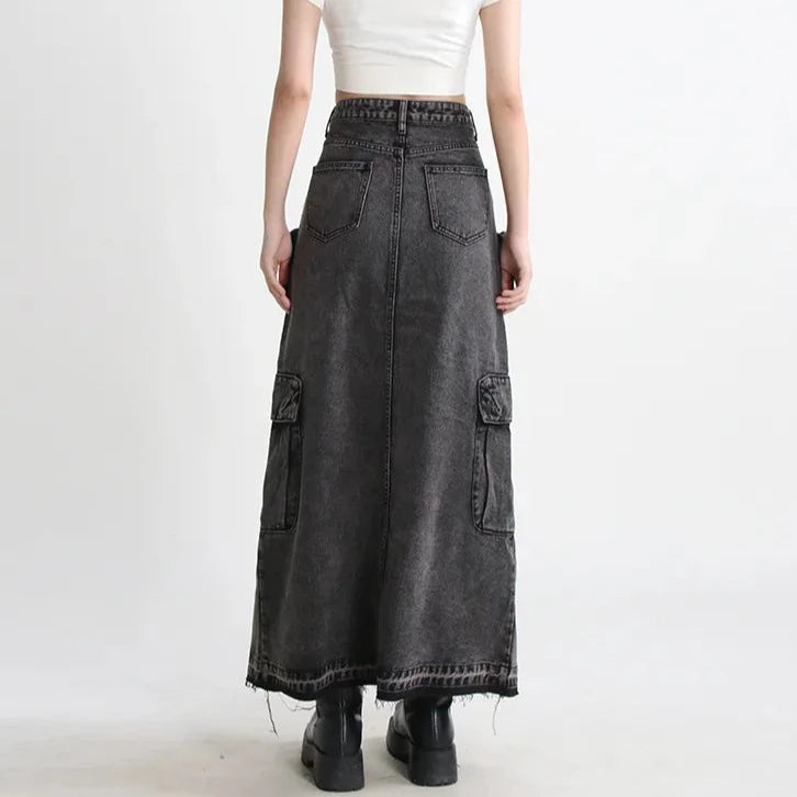 Cargo Denim Midi Skirt