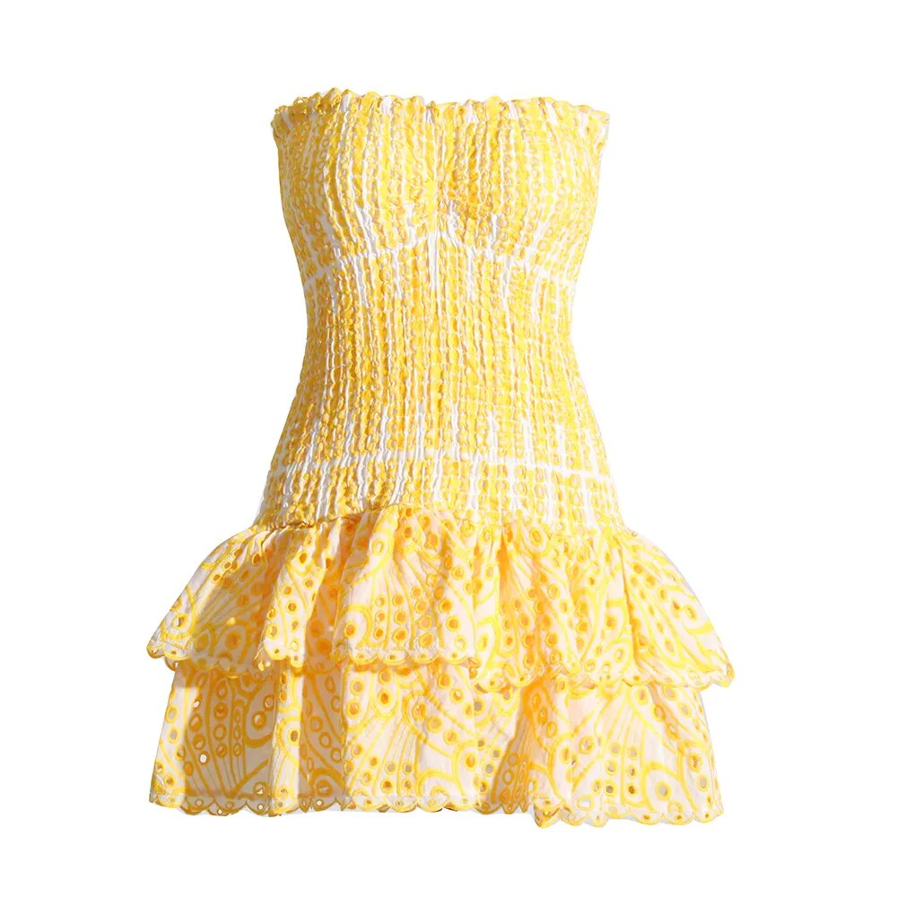 yellow and white eyelet embroidery strapless mini dress