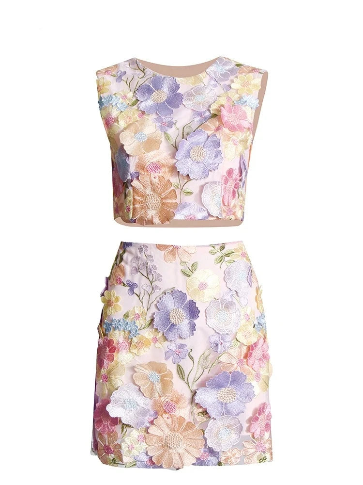 Zalia Atelier | Floral Appliques Sleeveless Top and Mini Skirt Set