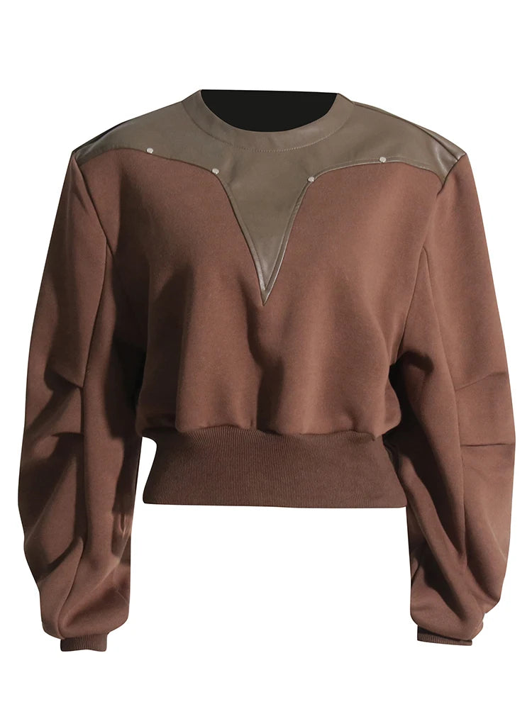 Zalia Atelier | Coffee brown sweatshirt pu leather patchwork