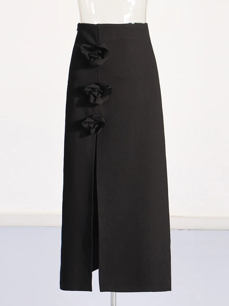 Zalia Atelier | Black Maxi Skirt | Flower Appliques | Side Front Split