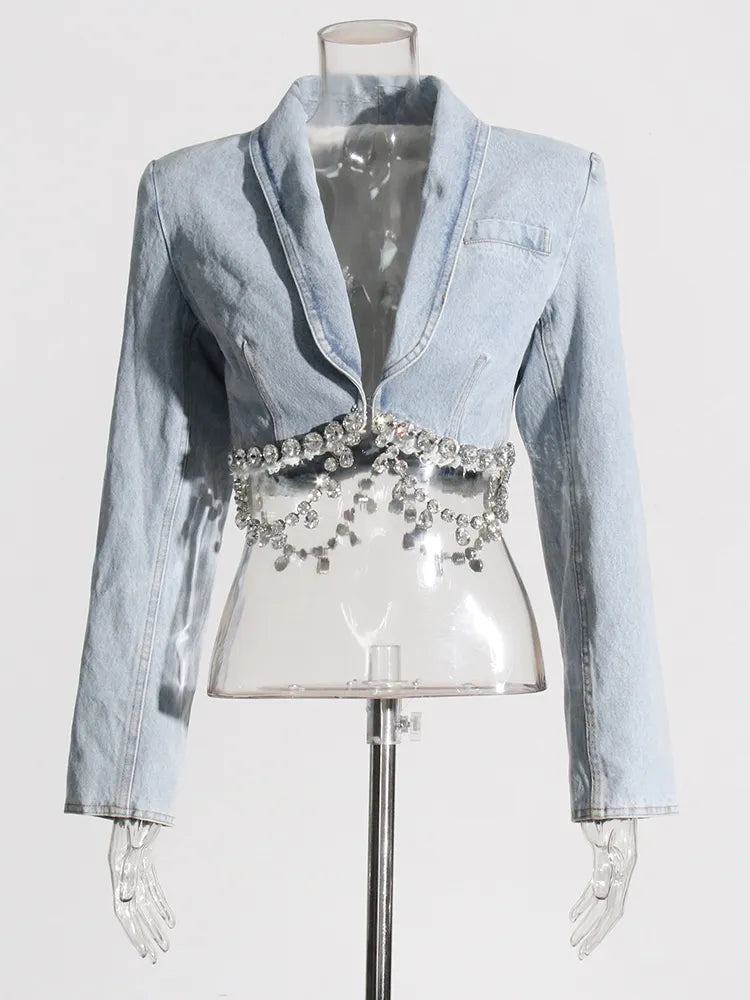 Cropped denim jacket cropped length big rhinestone trim