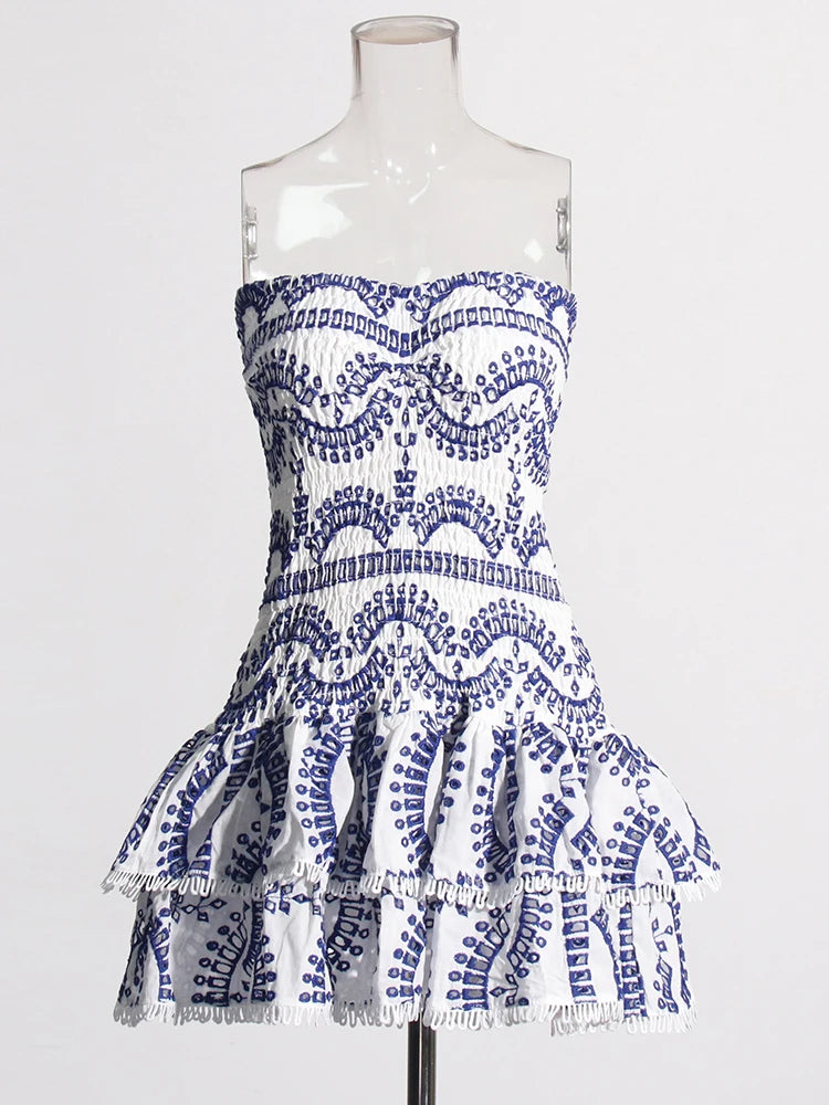 Blue and White Broderie Anglaise Strapless Mini Dress Ruffled Hem | Charo Ruiz Ibiza Dupe