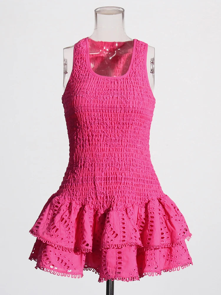 Zalia Atelier | Rose Pink Sleeveless Mini Dress with embroidery and ruffle skirt detail Charo Ruiz Dupe