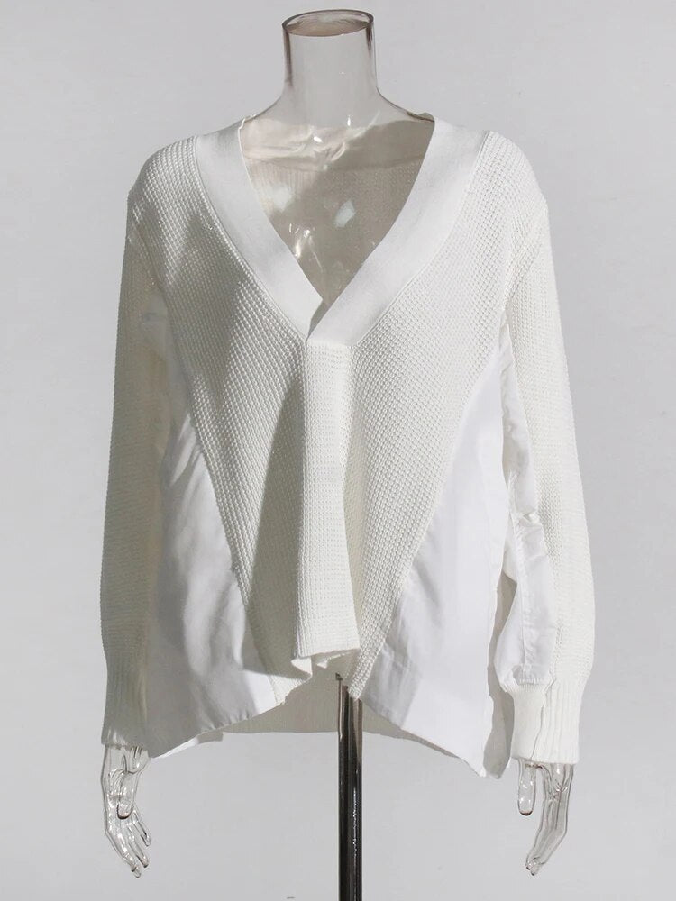 white v neck patchwork sweater