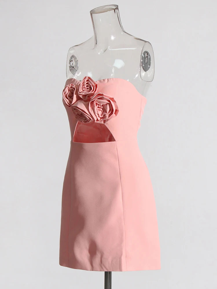 Pink Strapless Mini Dress Flower Appliques | Zalia Atelier