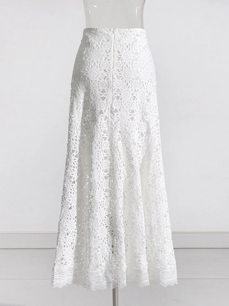 White Embroidered Lace long sleeve top with matching maxi skirt