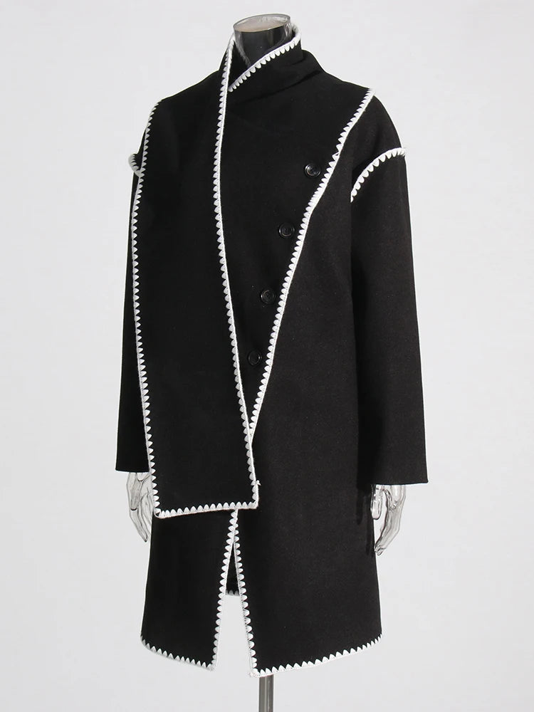 Zalia Atelier | Black Coat with scarf collar and knit trims