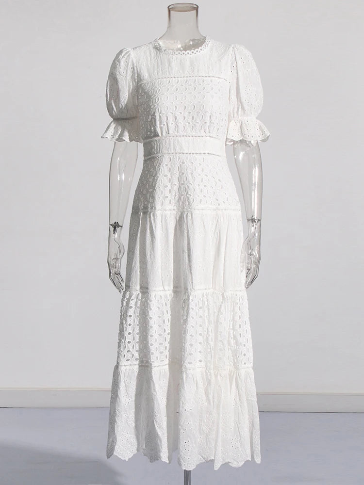 Zalia Atelier | White Maxi Dress Puff Sleeves Embroidered Panel