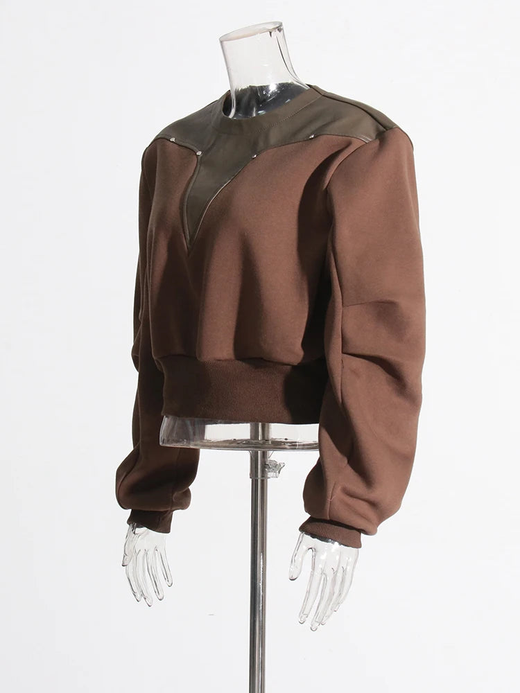 Zalia Atelier | Coffee brown sweatshirt pu leather patchwork