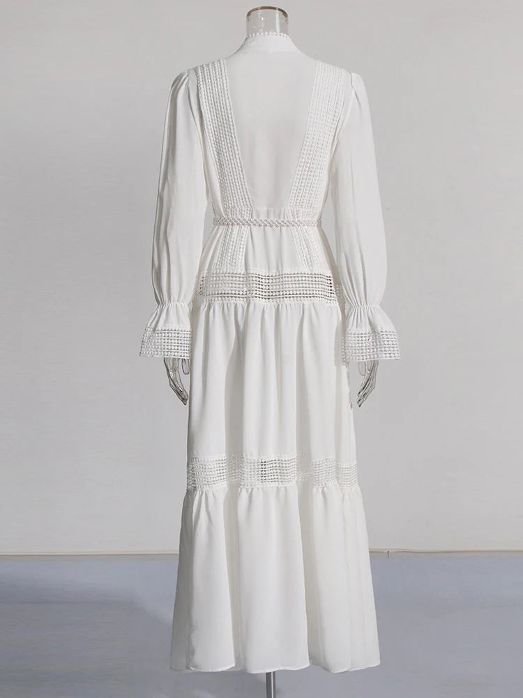 White Maxi Dress Long Sleeve Buttons Sash Belt Lace Panel Vacation Dress