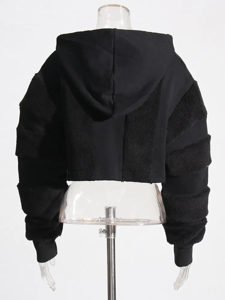 black cropped hoodie with faux lambswool fur