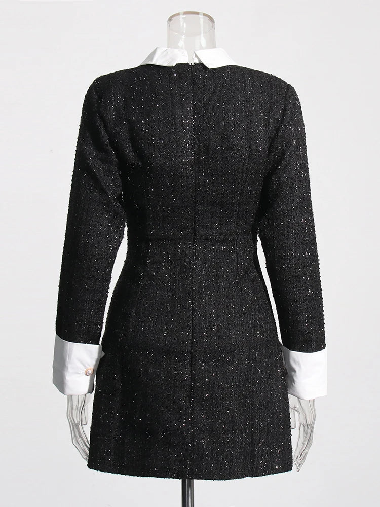 Zalia Atelier | Black Tweed Mini Dress White Collar and Cuffs | Sparkly Tweed Dress