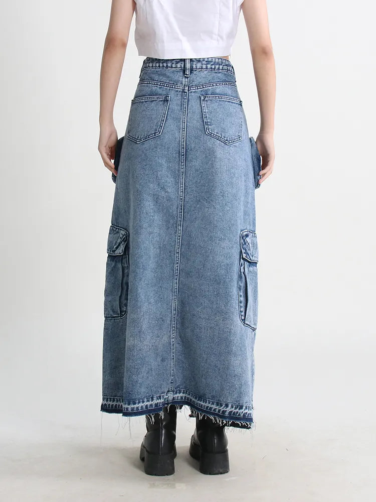 Cargo Denim Midi Skirt