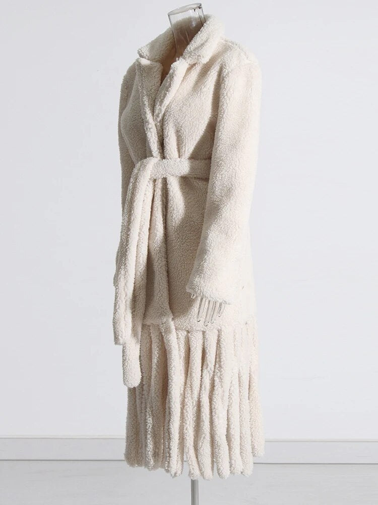 Beige color teddy coat with fringe detail