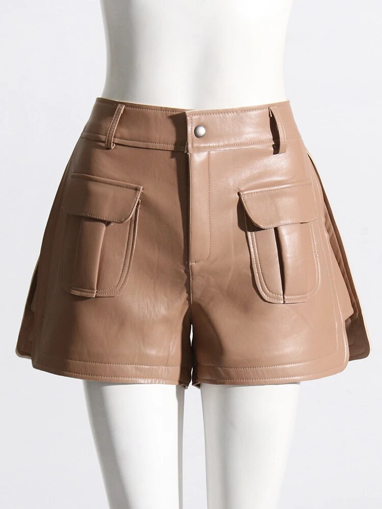 Khaki leather shorts with raw seams | Zalia Atelier