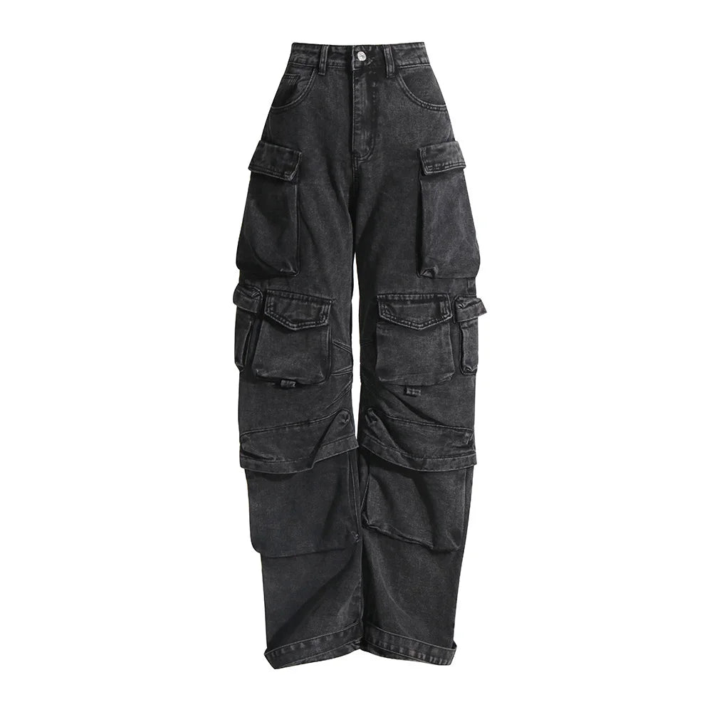 dark grey denim cargo pants high waist wide leg