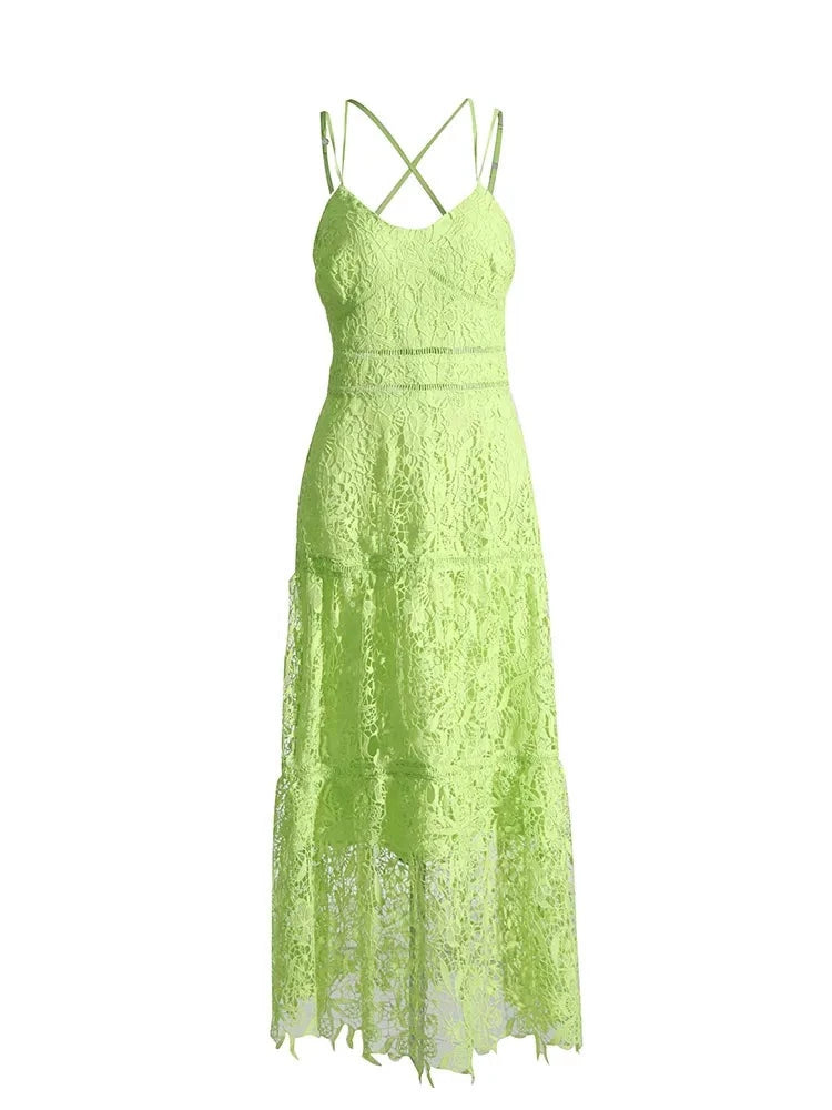 Zalia Atelier | Light Green Embroidered Lace Midi Dress