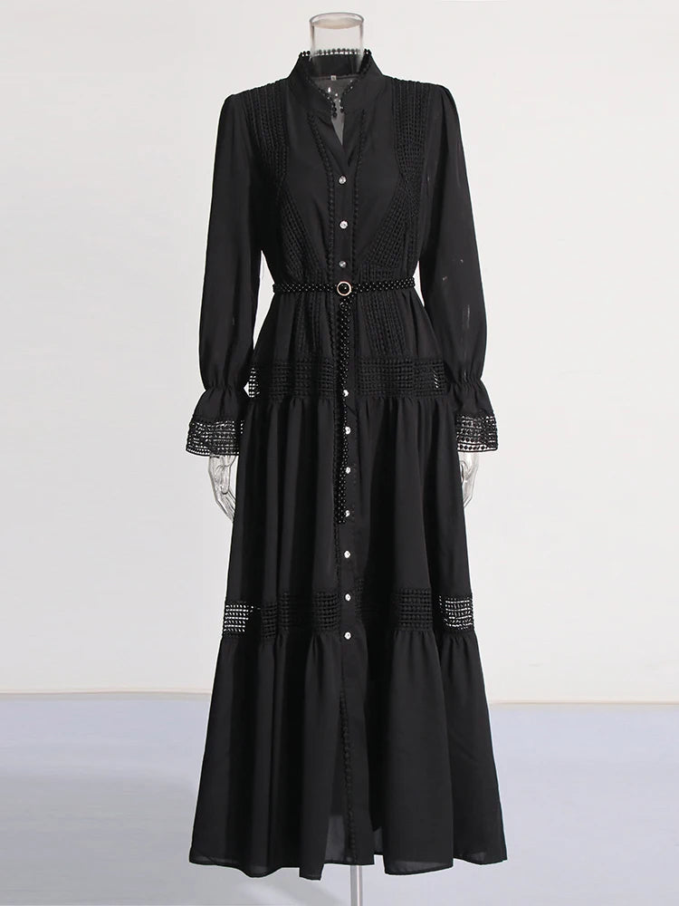 Black Maxi Dress Long Sleeve Buttons Sash Belt Lace Panel Vacation Dress