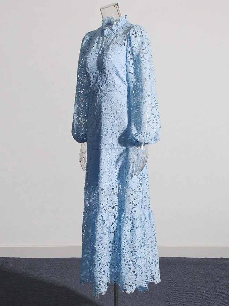 Zalia Atelier | Blue Embroidered Lace Maxi Dress Long Sleeves