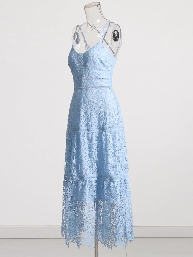 Zalia Atelier | Light Blue Embroidered Lace Dress