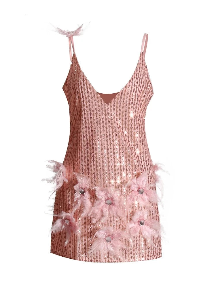 Pink sequins and feathers mini dress