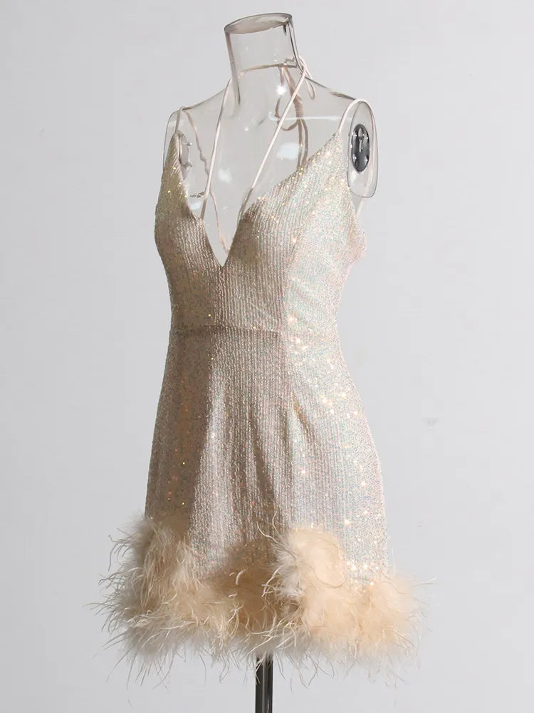 Light Pink mini dress sequins and feather trims