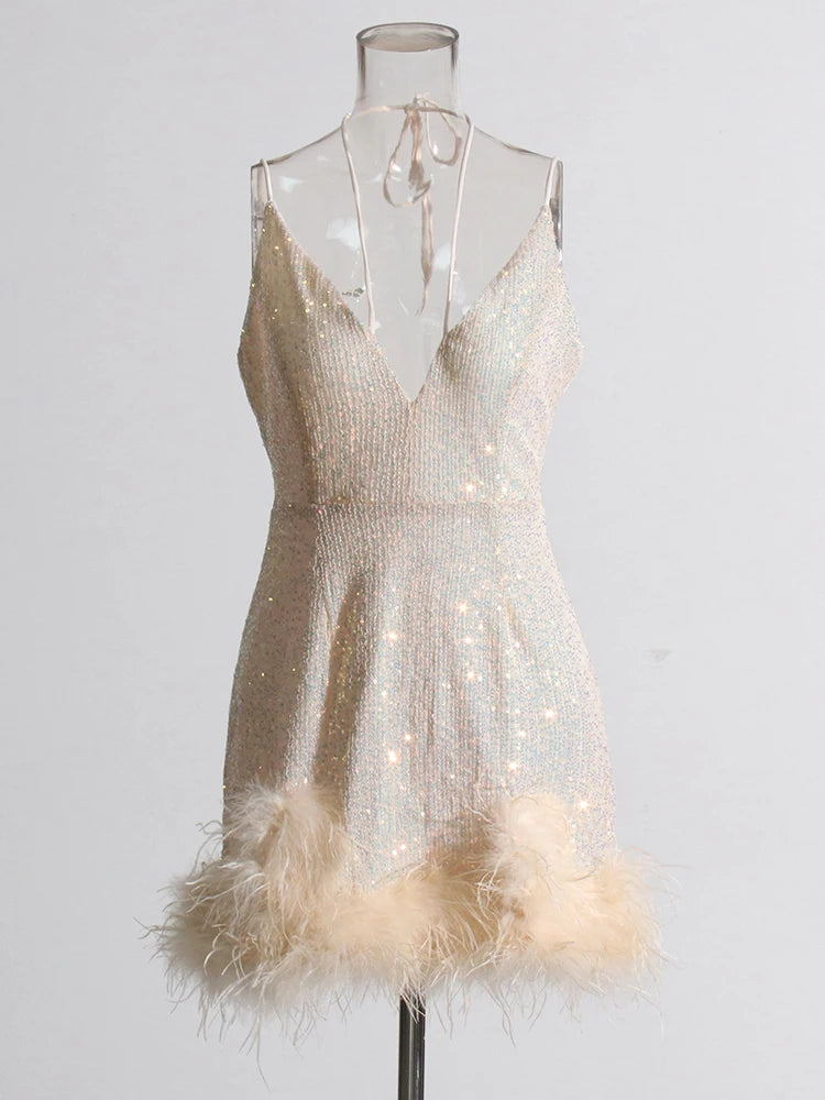 Light Pink mini dress sequins and feather trims