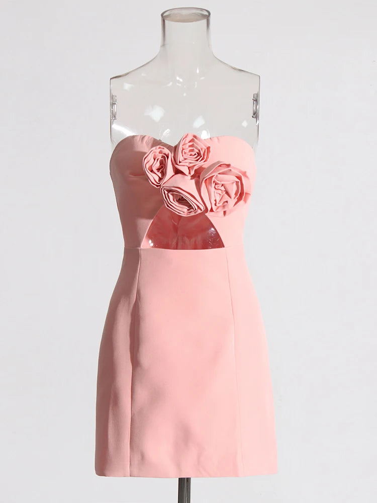 Pink Strapless Mini Dress Flower Appliques | Zalia Atelier