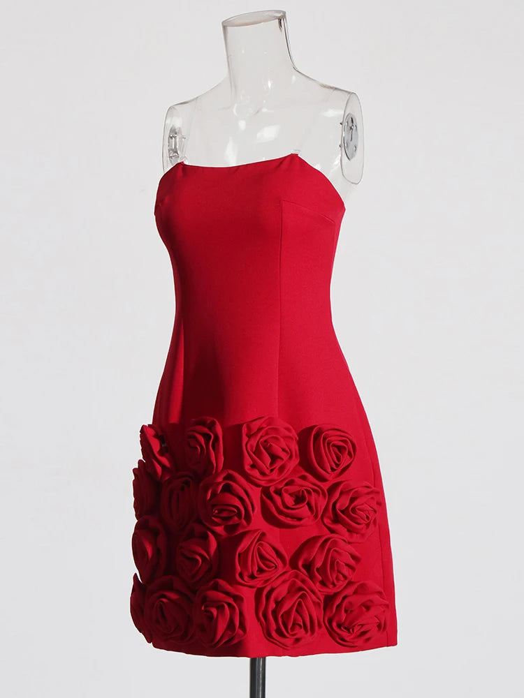 Red Mini Dress Flower Appliques Clear Straps