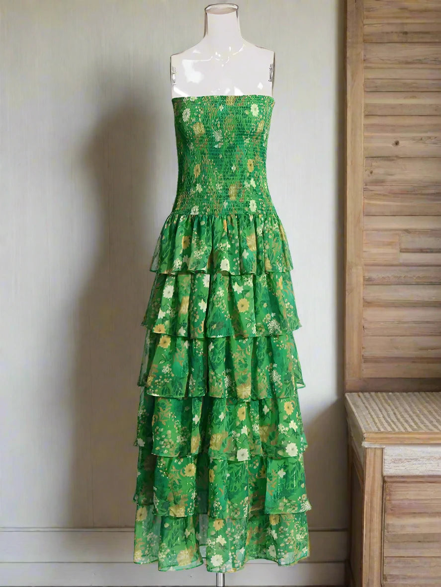 Zalia Atelier | Strapless Green Maxi Dress | Print Pattern