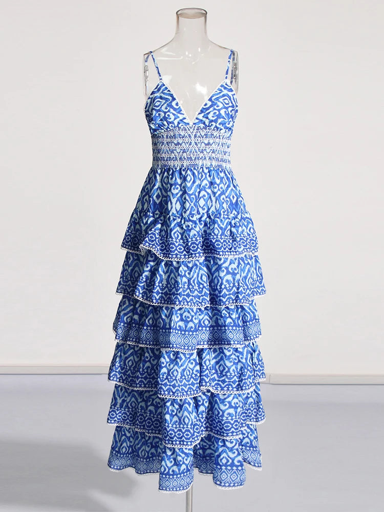 Zalia Atelier | Blue Print Tiered Maxi Dress Strapless