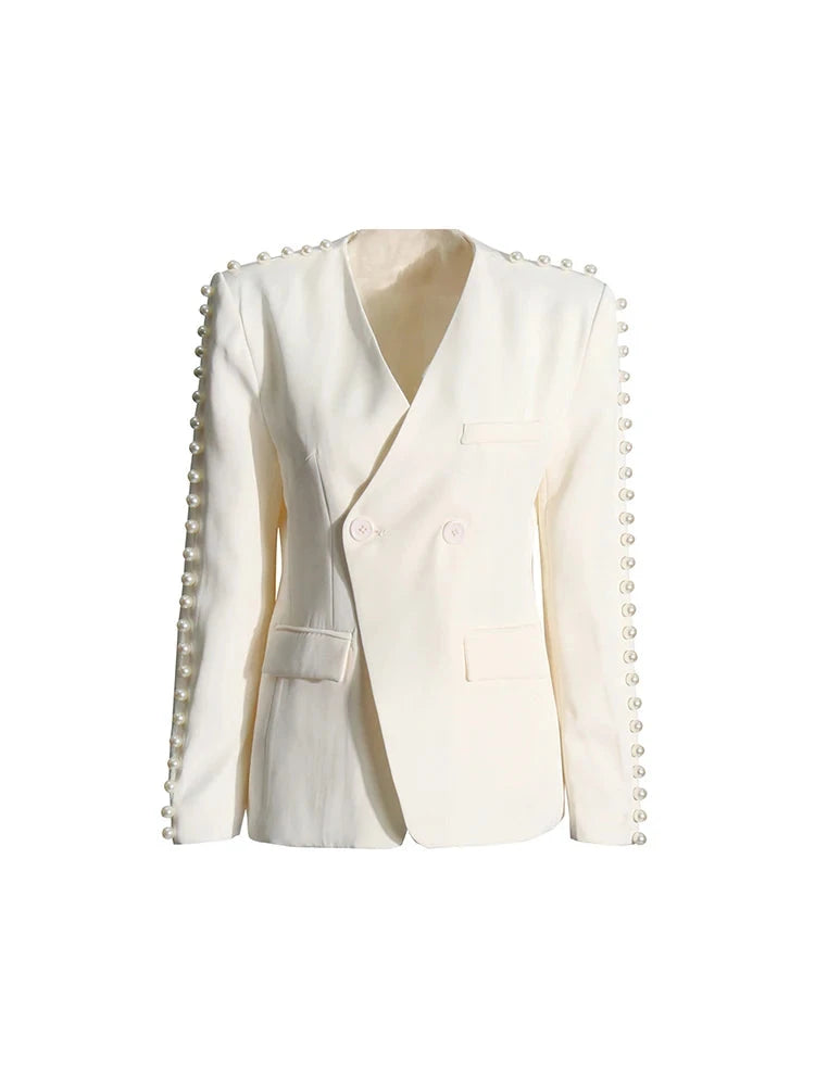 White Blazer Faux Pearls