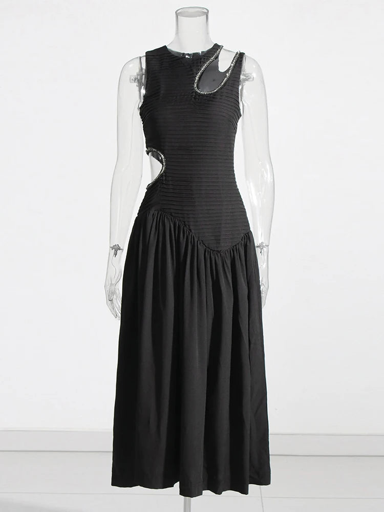 Zalia Atelier | Black Midi Dress With Cutouts and Rhinestones