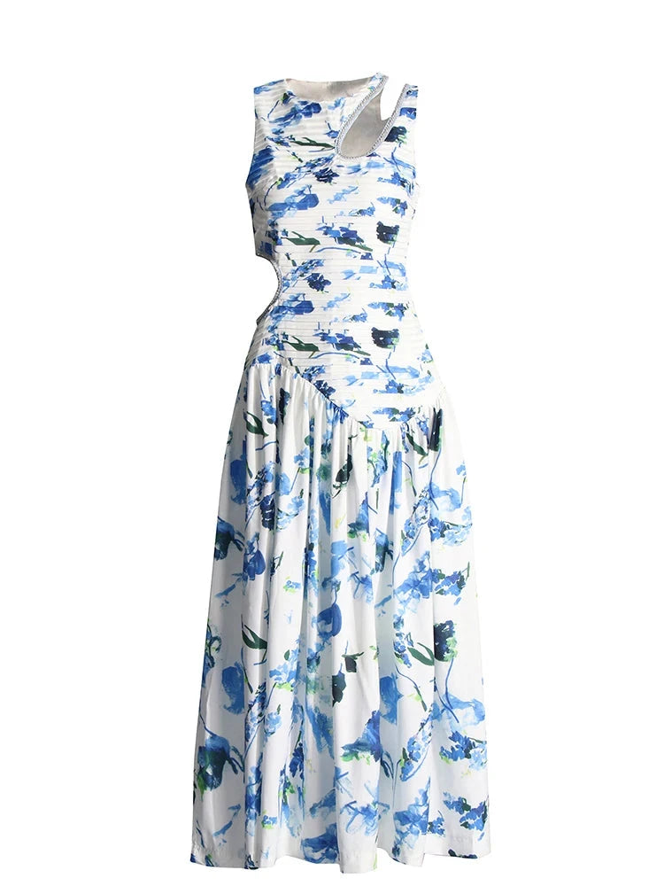 Zalia Atelier | Blue Print Midi Dress With Cutouts and Rhinestones