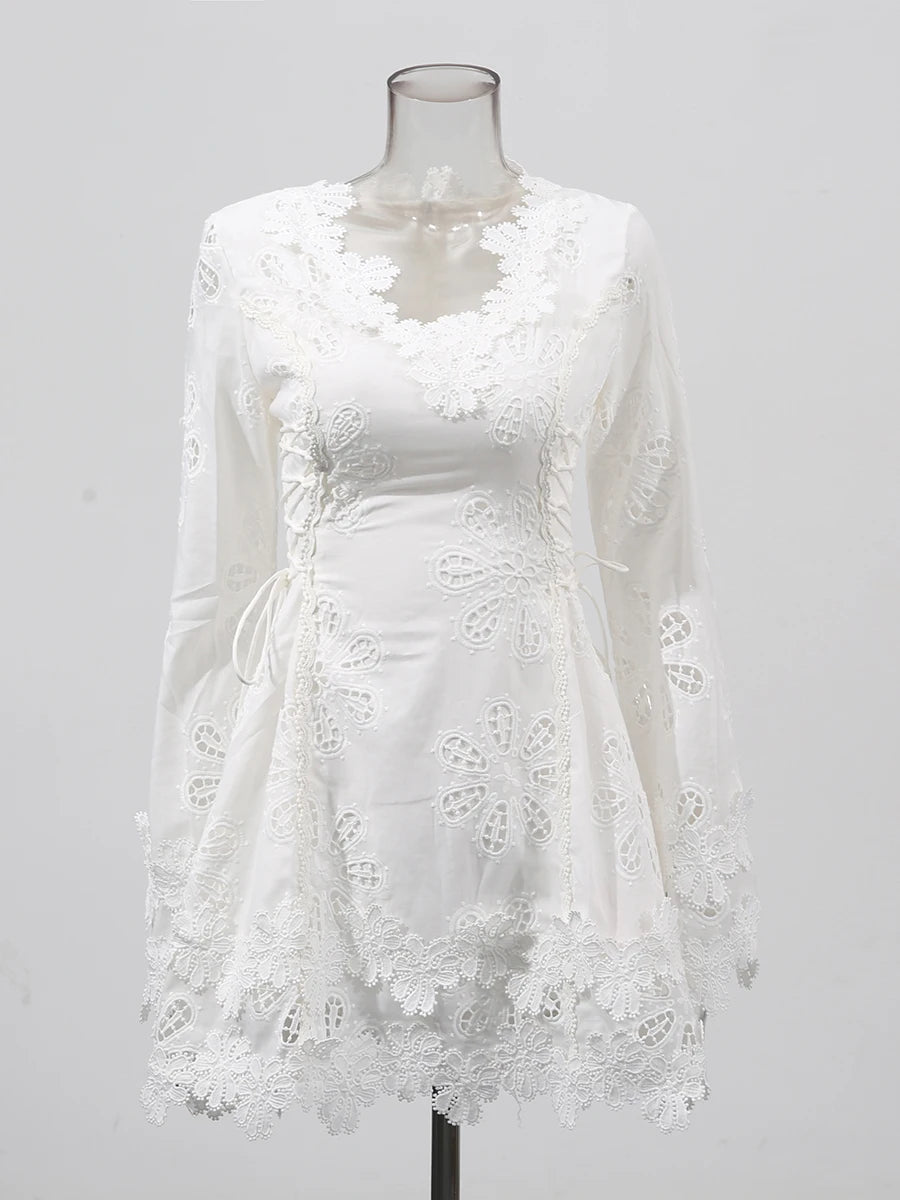 Zalia Atelier | White Long Sleeve Mini Dress Embroidered Lace