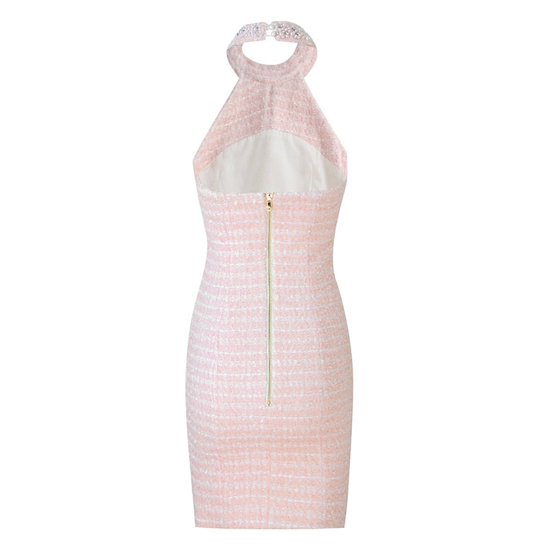 Pink Tweed Mini Dress | Halter Neck | Pearl Beads Detail | Zipper Closure | Designer Inspired Balmain Dupe